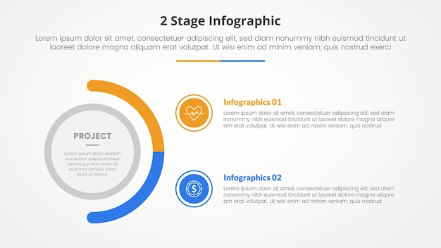 2-punkte-stufenvorlage zum vergleich entgegengesetzter infografik konzept für folienpräsentation mit großem kreis und halbkreis variation mit flachem stil