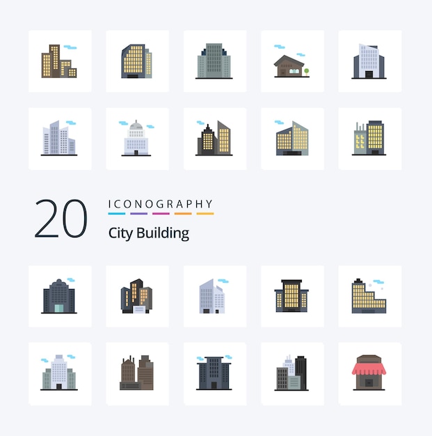 20 City Building Flat Color Icon Pack wie Büro Büro Heimatstadt Wolkenkratzer