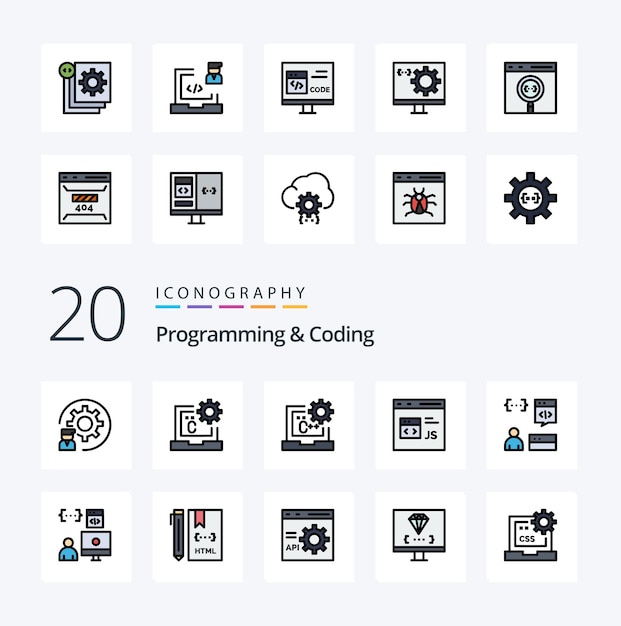 20 Programmier- und Codierzeile mit gefülltem Farbsymbol Pack wie App entwickeln js entwickeln