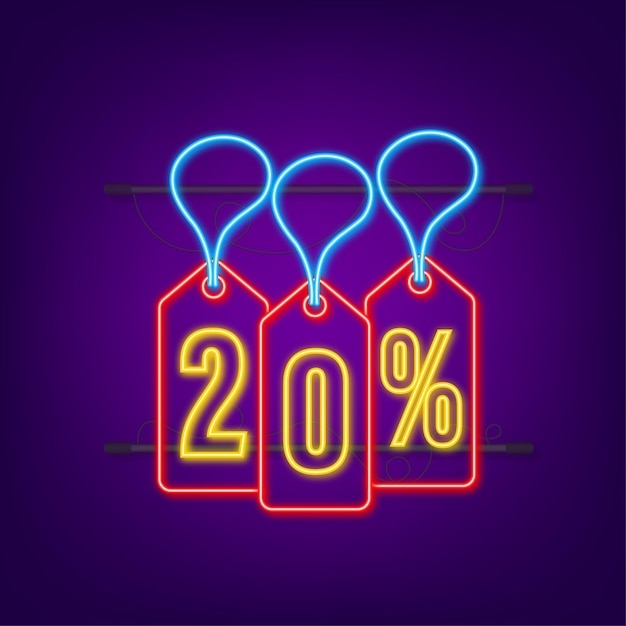 Vektor 20 prozent rabatt sale rabatt neon-tag rabattangebot preisschild 20 prozent rabatt