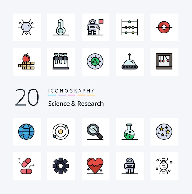 20 Science Line Filled Color Icon Pack wie Tabletten Medizin Virus Stars Wissenschaft