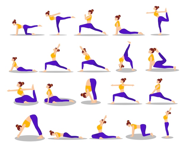 20 Set von Yoga-Frauenfiguren mit flachen Illustrationen
