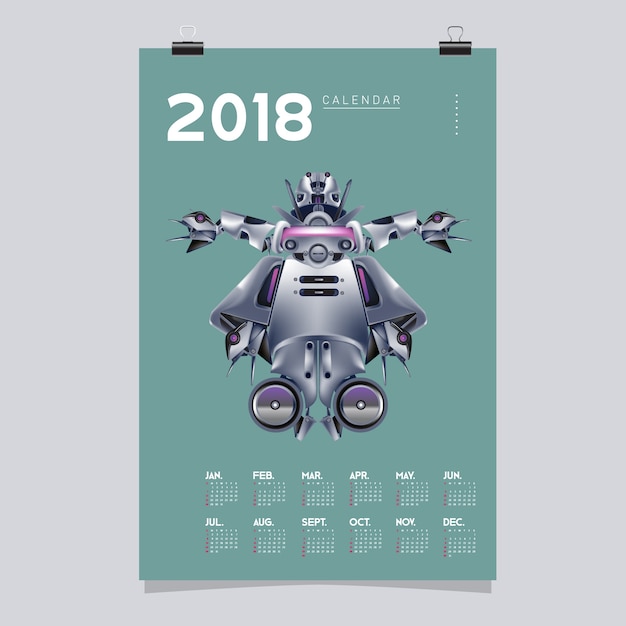 2018 kalendervorlage mit roboter-design-illustration