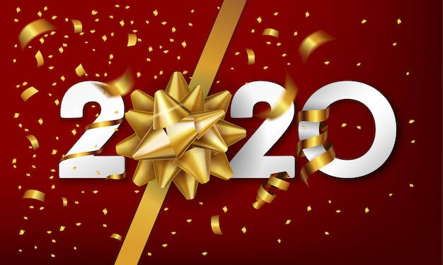 2020 guten Rutsch ins Neue Jahr-Hintergrund mit goldenem Geschenkbogen und -konfettis