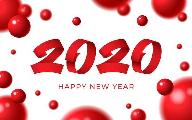 2020 guten rutsch ins neue jahr-hintergrund, roter zahltext, weihnachtswinterkarte der abstrakten kugeln 3d
