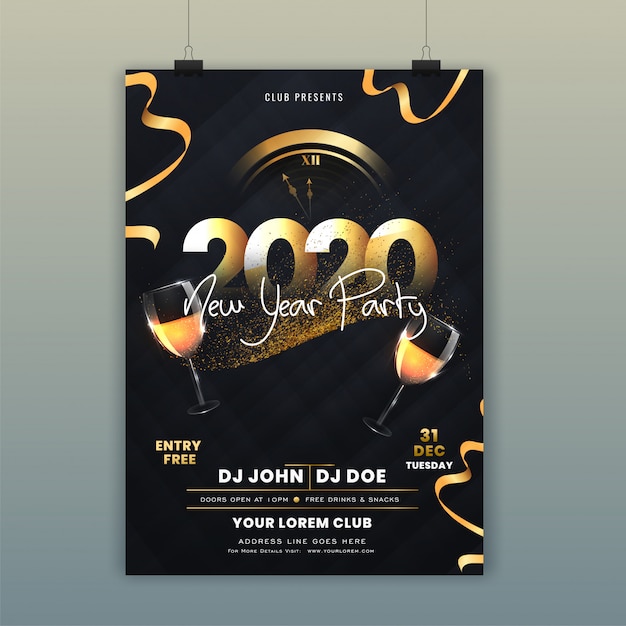 2020 new year party flyer mit wanduhr mit glitzer und weingläser