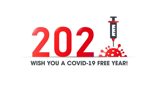 2021 covid-19 freies jahr. vektor-banner. spritze mit impfstoff gegen coronavirus. nadel im virus