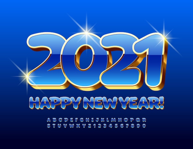 2021 frohes neues jahr. 3d-großbuchstaben. luxuriöse blaue und goldene alphabetbuchstaben und -zahlen