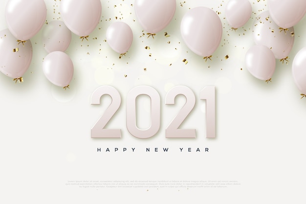 2021 frohes neues jahr mit rosa zahlen und rosa luftballons.