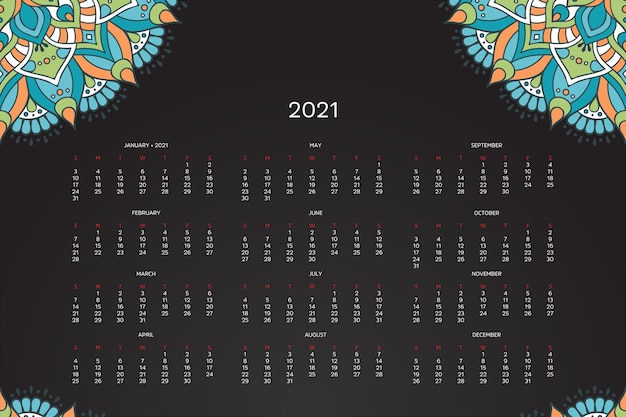 Vektor 2021 kalender mit orientalischem mandala