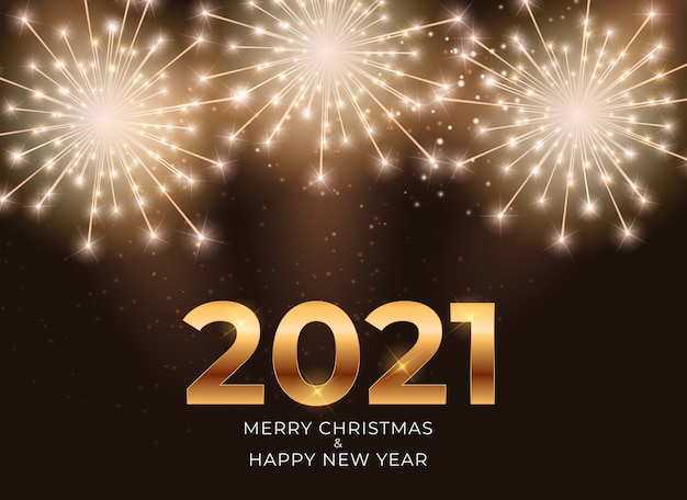 2021 Neujahr und Frohe Weihnachten Hintergrund mit glänzendem Feuerwerk