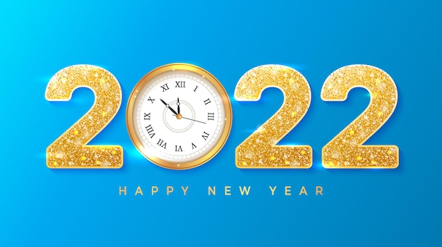 2022 frohes neues jahr goldene zahlen mit pailletten und wanduhr hintergrundbanner-flyer