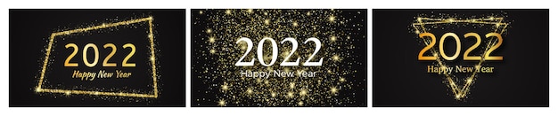 2022 frohes neues jahr goldener hintergrund. satz von drei abstrakten goldenen hintergründen mit einer aufschrift frohes neues jahr auf dunkelheit für weihnachtsfeiertagsgrußkarte, flyer oder poster. vektor-illustration