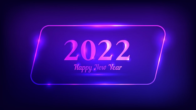 2022 frohes neues jahr neon-hintergrund. neon abgerundeter parallelogrammrahmen mit glänzenden effekten für weihnachtsgrußkarten, flyer oder poster. vektor-illustration