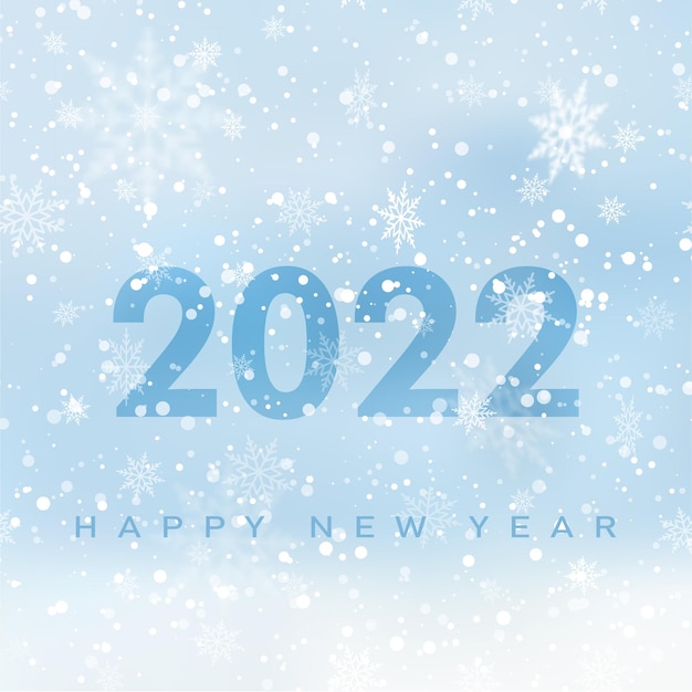 2022 happy new year-karte mit fallenden schneeflocken am blauen himmel. vektor