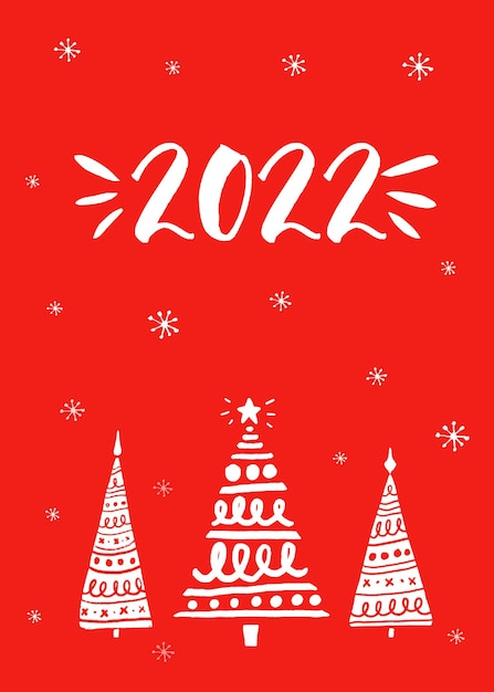 2022 jahre grußkarte. tinte handgeschriebenen text und handgezeichnete weihnachtsbäume auf rotem hintergrund.