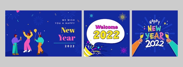 2022 New Year Party Square Poster und Banner Design in blauer Farbe.