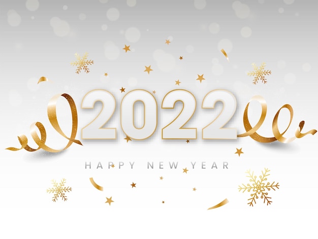 2022 Schriftart mit goldenen Curl-Bändern, Sternen und Schneeflocken auf grauem Bokeh-Hintergrund für ein glückliches neues Jahr-Konzept.