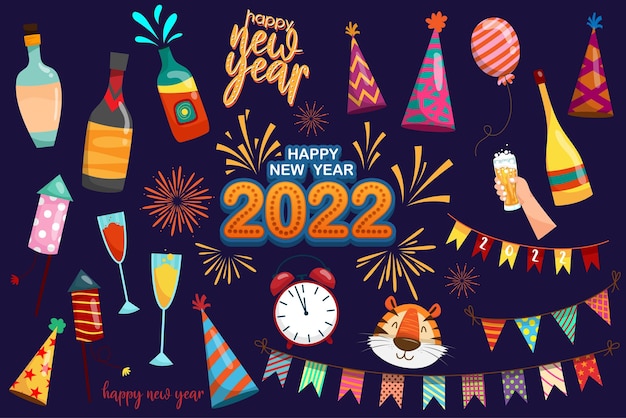 2022 Tiger Year Typografie-Design. Element des Tigergesichts-Tiermaskottchens. Tiger ist traditionelle Elemente und chinesisches Tierkreiszeichen. Orientalische asiatische Kulturen. Vektorillustrations-Cartoon-Design