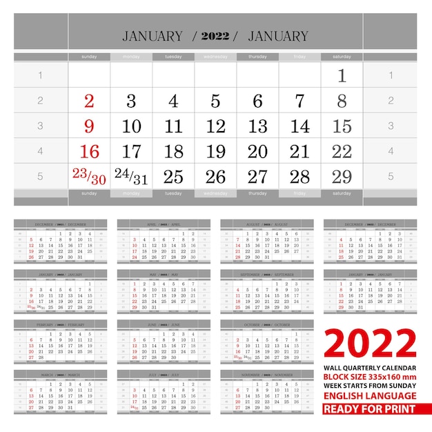 2022 wandkalender in englischer sprache. wochenstart ab sonntag.