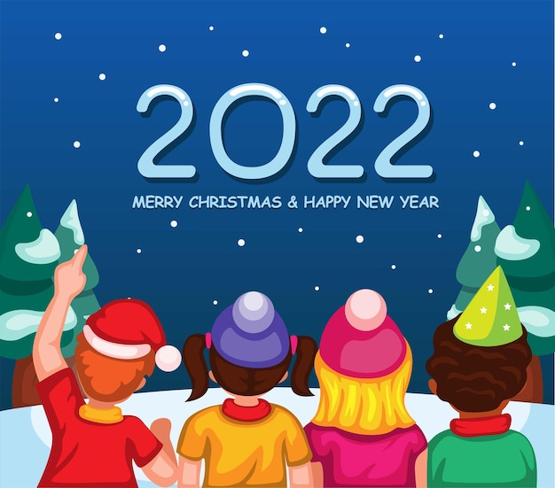 2022 weihnachts- und neujahrsfeier mit kindern aus dem rückansicht-cartoon-illustrationsvektor