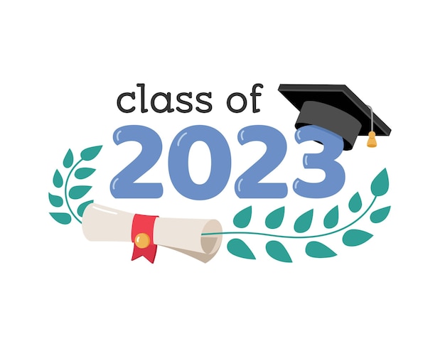 2023-emblem mit klasse mit graduierungskappe abdeckung der karte für den abschluss 2023