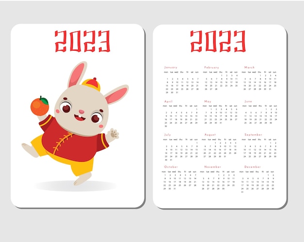Vektor 2023 jahre taschenkalender mit kaninchen chinesisches neujahrsdesign mit symbol des mondtierkreises fröhlicher hase