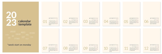 Vektor 2023 kalender minimalistische vorlage oder kalender a4 layout-design wochenstart am montag vertikal bearbeitbare seite jährliche wandkalender-rastervektorillustration