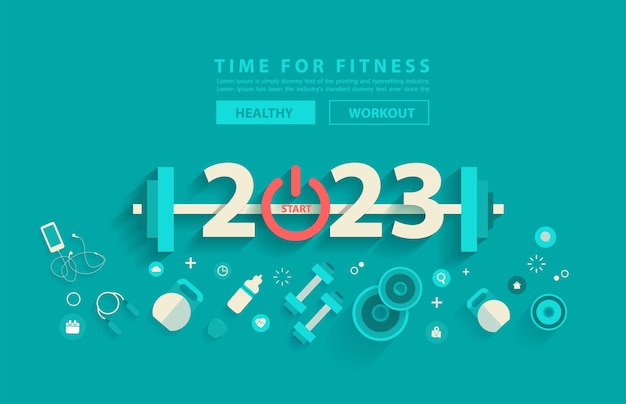 2023 Neujahr Fitnesskonzept Training Typografie Alphabet Design mit Ausrüstung Vektor-Illustration flache moderne Layout-Vorlage