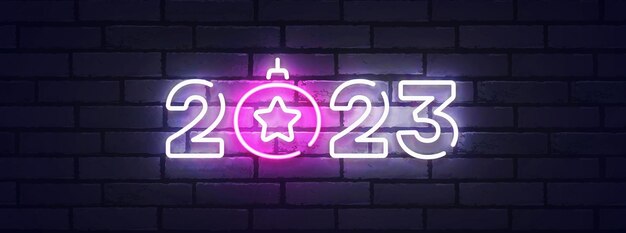 Vektor 2023 neujahr neon hintergrund bunt frohe weihnachten leuchtreklame logo emblem banner und label helles schild lichtbanner