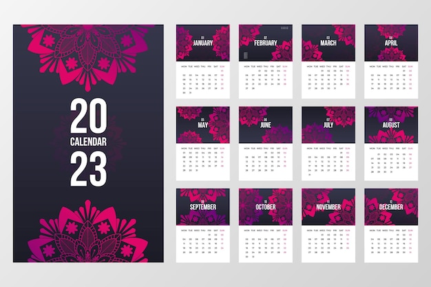 2023 neujahr wandkalender vorlagendesign. mandala bunter wandkalender für unternehmen