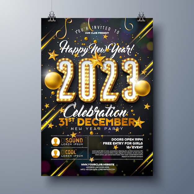 Vektor 2023 neujahrsfeier poster design mit glühbirnennummer und goldener weihnachtskugel