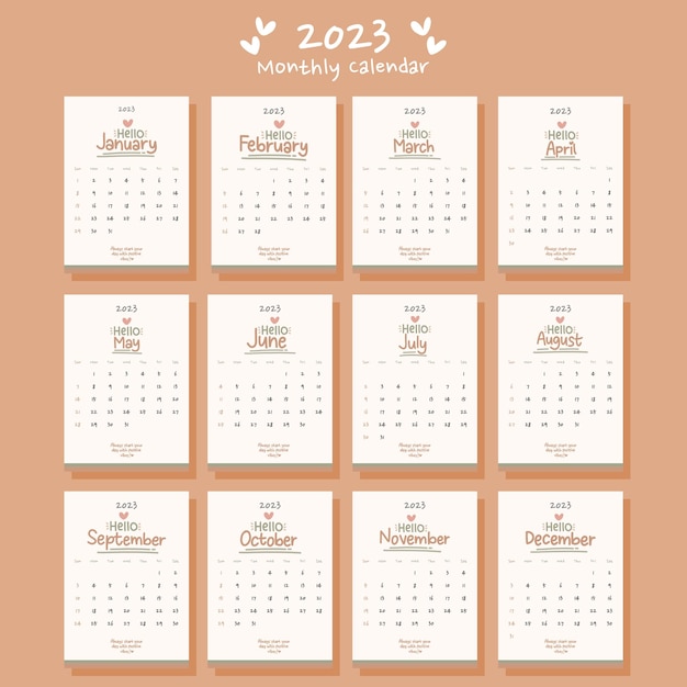 Vektor 2023 niedlicher monatskalender im schlichten design mit handbeschriftung