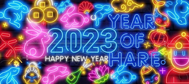 2023 Umriss Neon Mondkaninchen Symbol Neon 2023 Neujahr Hintergrund Babykaninchen festlicher Hase lustiger Hase für Urlaub Mittherbstfest und Neujahr