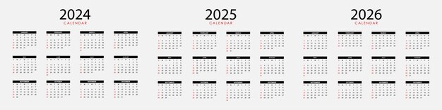 Vektor 2024 bis 2026 kalender-satz-vektor-vorlage