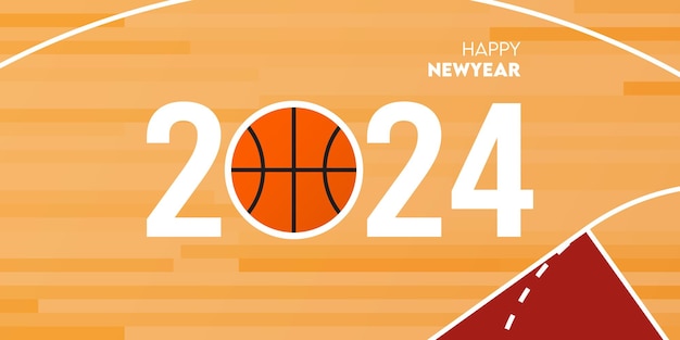 Vektor 2024 frohes neues jahr feiern grußkarte oder banner design vorlage im basketball-konzept