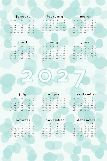 Vektor 2027-kalendervorlage hochformat blaugrüner abstrakter hintergrund mit handgezeichnetem fleckklecks
