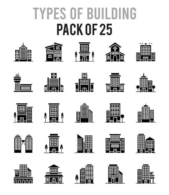 25 Arten von Gebäudeglyphen-Icon-Pack-Vektorillustrationen