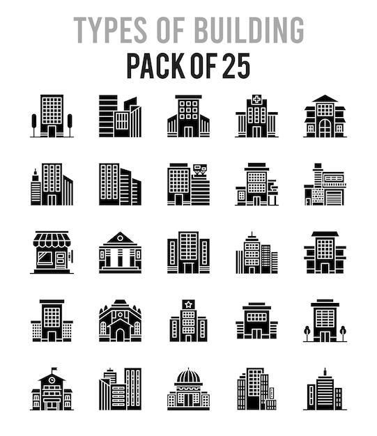 25 Arten von Gebäudeglyphen-Icon-Pack-Vektorillustrationen