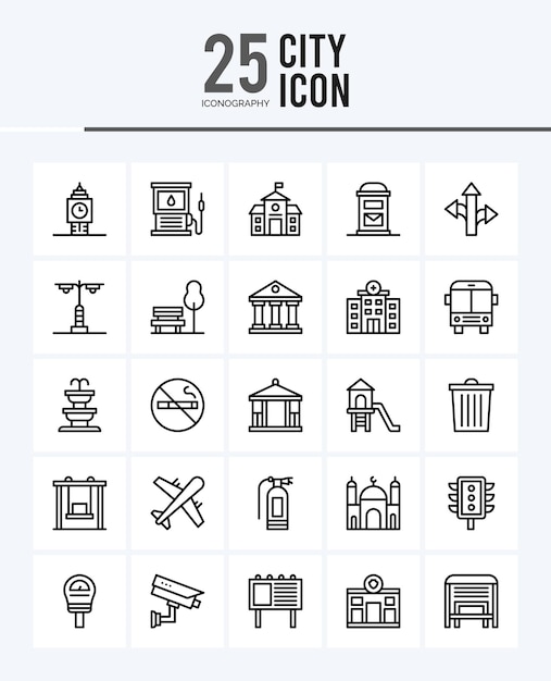 25 city lineal fill-symbole packvektorillustration