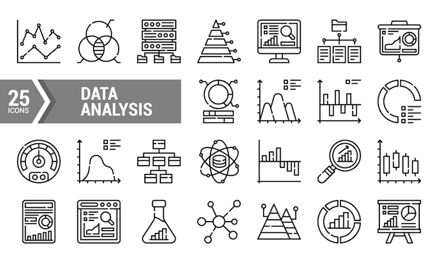 25 Datenanalyse-Symbole im Linienstil