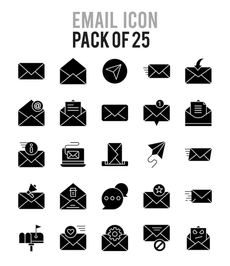 25 E-Mail-Glyphen-Icon-Pack-Vektorillustration