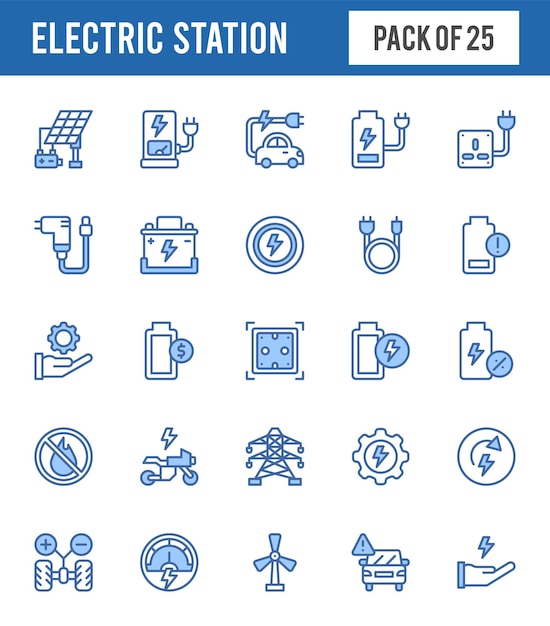 25 elektrische Station zweifarbige Symbole packen Vektorillustration