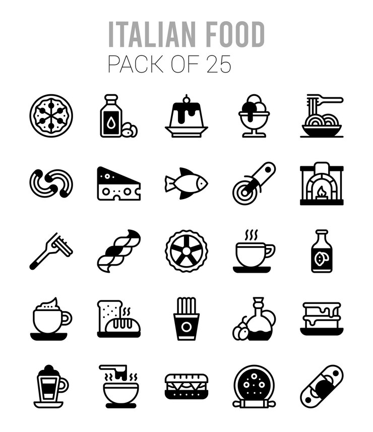 25 italienische Lebensmittel-Lineal-Fill-Symbole Pack-Vektorillustration