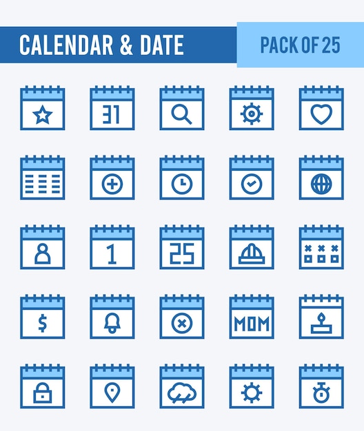 25 kalender und datum zweifarbige symbole packvektorillustration 