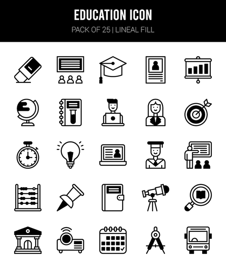 Vektor 25 lineal fill-symbole für bildung packvektorillustration
