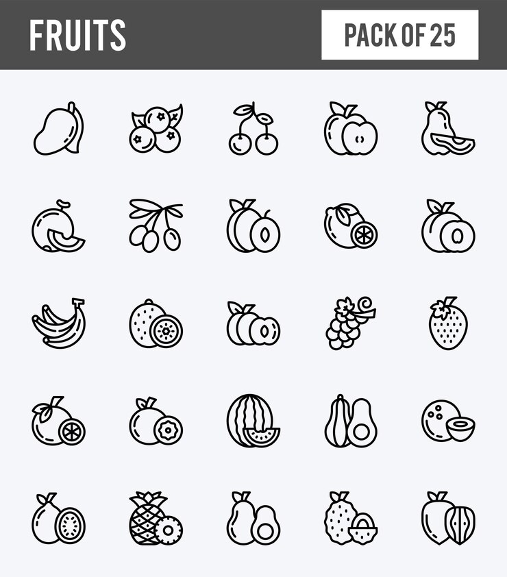 25 lineare erweiterte Symbole für Früchte packen Vektorillustration