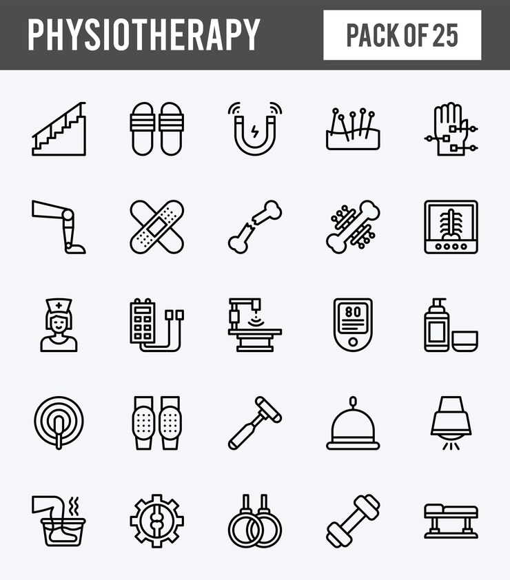 25 lineare erweiterte Symbole für Physiotherapie packen Vektorillustration