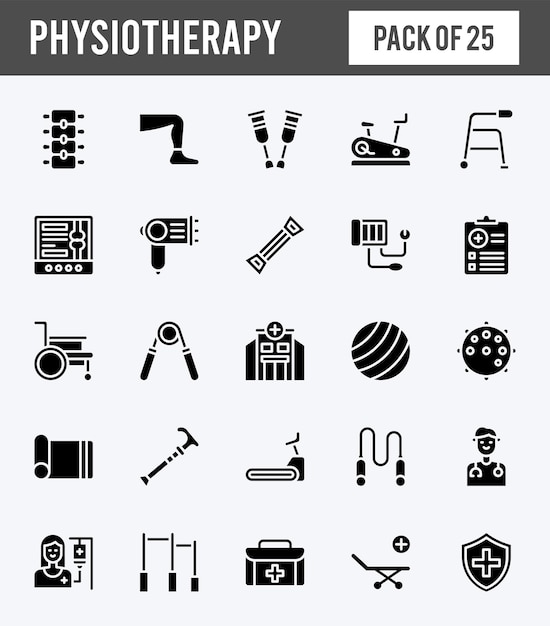 25 Physiotherapie-Glyphen-Symbole packen Vektorillustration