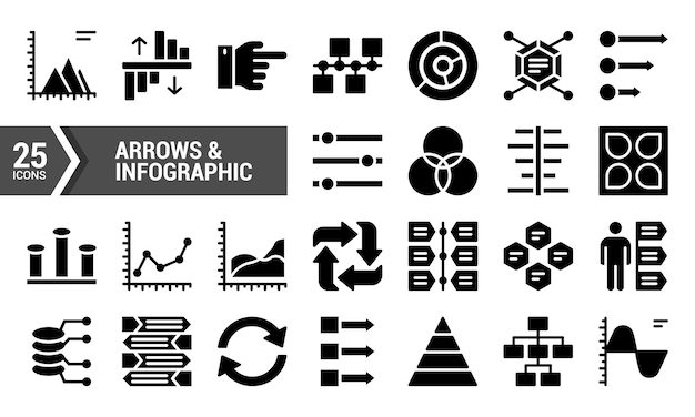 25 schwarz-weiße Pfeile und infografische Ikonen für Ihre Designprojekte